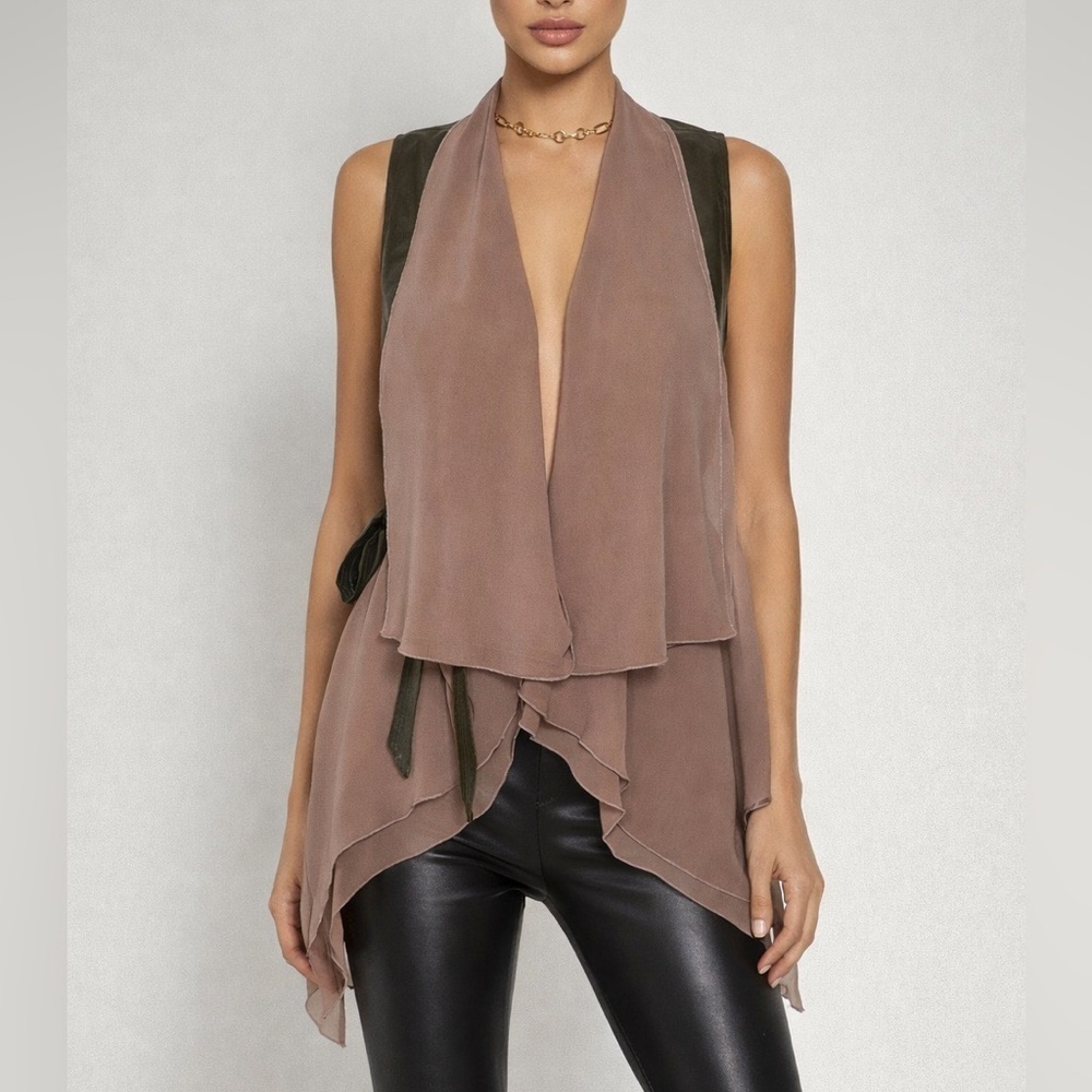 Double Zero Olive Faux Leather and Chiffon Vest (917)